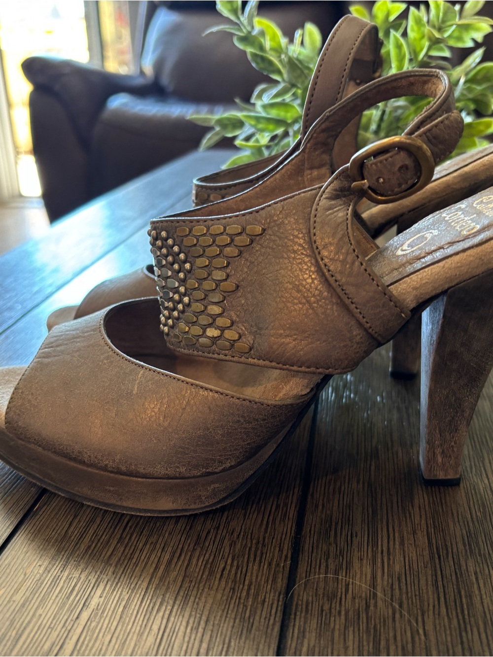 Colleen Cordero Brown Peep-Toe Platform Slingback Heels with Stud Accent